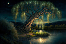Irish Landscape, Weeping Willow Tree Overhanging River, Glowing, Magical, Night, Moon. Generative AI