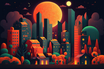 Sticker - Illustration of a city at night in bright hues. Generative AI