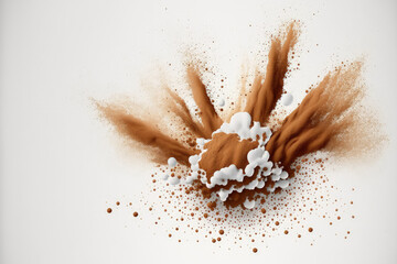 Sticker - Brown powder explosion in the abstract. Close up of a splash of brown dust particles on a background of white. Generative AI