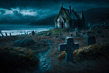 Irish Landscape, Church, Cemetery, Night, Raining. Generative AI