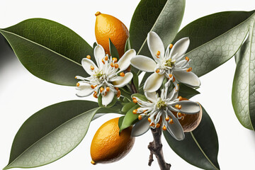 Wall Mural - a blooming orange. Close up of orange tree blooms on a branch on a white backdrop. Generative AI