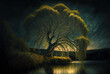 Irish landscape, weeping willow tree by a river, night. Generative AI