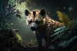 A hyena is lurking behind the leaves. Generative AI. Lovely hyena wallpaper.