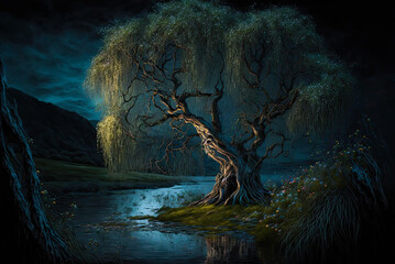 Irish landscape, weeping willow tree by a river, night. Generative AI