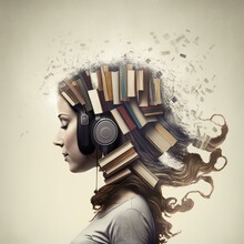 Sedate Portrait Of Beautiful Pensive Woman Enjoy Her Music With Double Exposure Effect Of Book On Headphone. Concept Of Education And Literacy In Human Bookshelf In Isolated Background. Generative AI