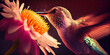 Closeup macros photorealistic illustration of a hummingbird sipping nectar from a flower