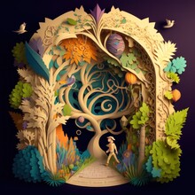 Jack And The Beanstalk Fairy Tale Paper Cut Story, Style On Colors, Generative By AI