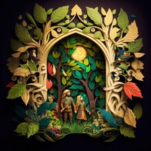 Jack And The Beanstalk Fairy Tale Paper Cut Story, Style On Colors, Generative By AI