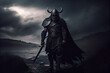 Dark fantasy, berserker, swordsman in dark armor, gloomy ominous landscape. Generative AI