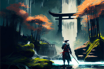 A ninja standing in waterfall garden with sword. Digital art style. Generative AI illustration