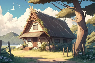 Wall Mural - Beautiful Hut Anime Background Landscape Illustration. Generative AI