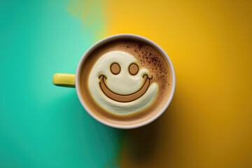 Sticker - Top view of a cup of steaming hot coffee with foam and a smile on a colored background. a nice mood, a good morning, and inspiration. Generative AI