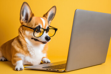 Corgi dog with glasses and laptop on a yellow background. Generative AI