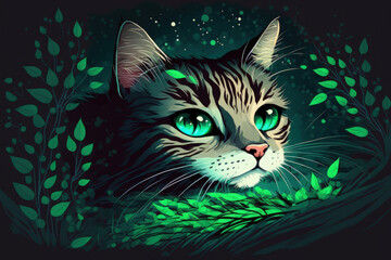  Close up of a lovely cat with large green eyes. Cute cat sleeping against a background of green and blue. Cat lies down and turns to face the camera. Illustration of a cuddly cat. animal care. pets as