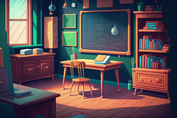 Modern school classroom interior with teacher's desk and chalkboard, space for your design or text. Empty schoolroom with cozy furniture. Generative AI