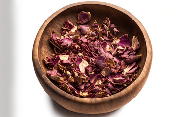 Wooden bowl filled with dried rose petals on a white backdrop. used in baths, drinks, cosmetics, and perfumes. organic herb with a purple hue. isolated macro shot taken from above, up close