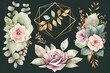 Watercolor floral frame wreath flowers, leaves branches gold geometric shape, for wedding invites, Eucalyptus, pink roses, green leaves, AI assisted finalized in Photoshop by me