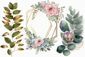 Wall Mural - Watercolor floral frame wreath flowers, leaves branches gold geometric shape, for wedding invites, Eucalyptus, pink roses, green leaves, AI assisted finalized in Photoshop by me