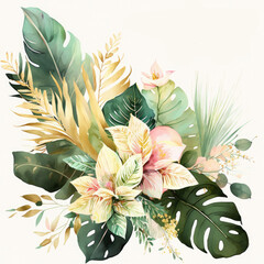 Wall Mural - Watercolor tropical floral bouquet set - green, blush & gold leaves, AI assisted finalized in Photoshop by me