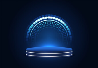 Poster - Technological product placement podium in blue tones And the light of neon lights increases the interest of the product. The background is a technology wheel. to increase sales