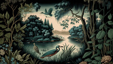 Vintage Wallpaper Of Forest Landscape With Lake, Plants, Trees, Birds