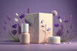 3d cosmetic bottles branding on display with nature background featuring lavender flowers and plants. Skin care product presentation and beauty product advertising. Generative AI.