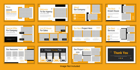 Modern real estate powerpoint presentation slides template set or minimal architecture portfolio brochure design.