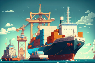 Container ship at industrial port in logistical and transportation of international goods by container ship in the sea. Industrial crane loading containers in cargo freight ship. Generative AI