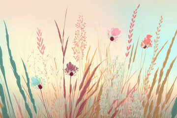 Canvas Print - outdoors grass flower in soft pastel colors, reeds in the morning, background of nature, and rice weeds. Generative AI