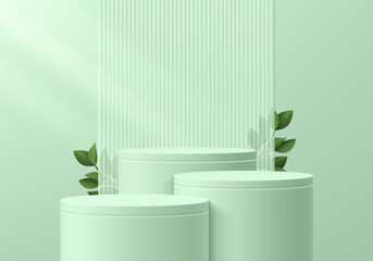Light green stand product podium set 3D background with leaf and vertical pattern scene. Minimal wall scene mockup product stage for showcase, Banner promotion display. Abstract vector geometric forms