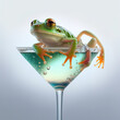 Drunk frog sits in a martini glass, isolated on white background. 