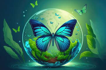 Canvas Print - In a human , holding a crystal glass globe, is a sitting butterfly with blue wings against a blurry background. Environment preservation, preservation of a green, lush planet, and ecology. Greeting ca