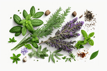 Sticker - Isolated fresh herbs and spices on a white background. Generative AI