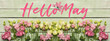 Card with text HELLO, MAY and flowers on wooden background