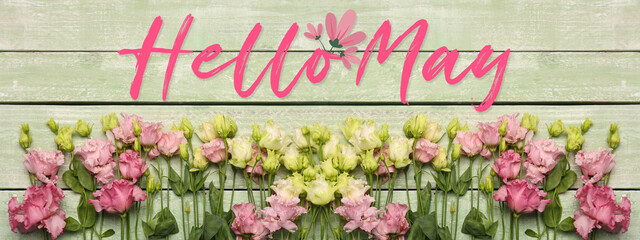 Sticker - Card with text HELLO, MAY and flowers on wooden background