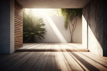 Sticker - A room with a concrete floor, an empty ancient wood plank wall, a tropical landscape as the background, and sunshine entering the space. Generative AI