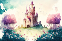 Background From A Fairy Tale With A Castle And A Floral Meadow. Cartoon Image Of Wonderland. Generative AI