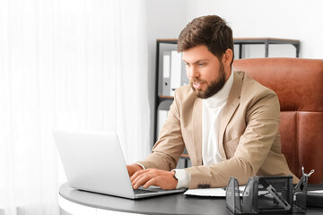 Wall Mural - Handsome young businessman working with laptop at table in office