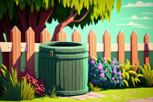 On A Sunny Day, A Green Rain Barrel Collecting Rainwater Is Used To Irrigate Plants And Flowers In The Backyard. The Fence Surrounding The Backyard Is Constructed Of Willow Branches. Generative AI