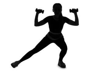 Silhouette of sporty young woman with dumbbells on white background