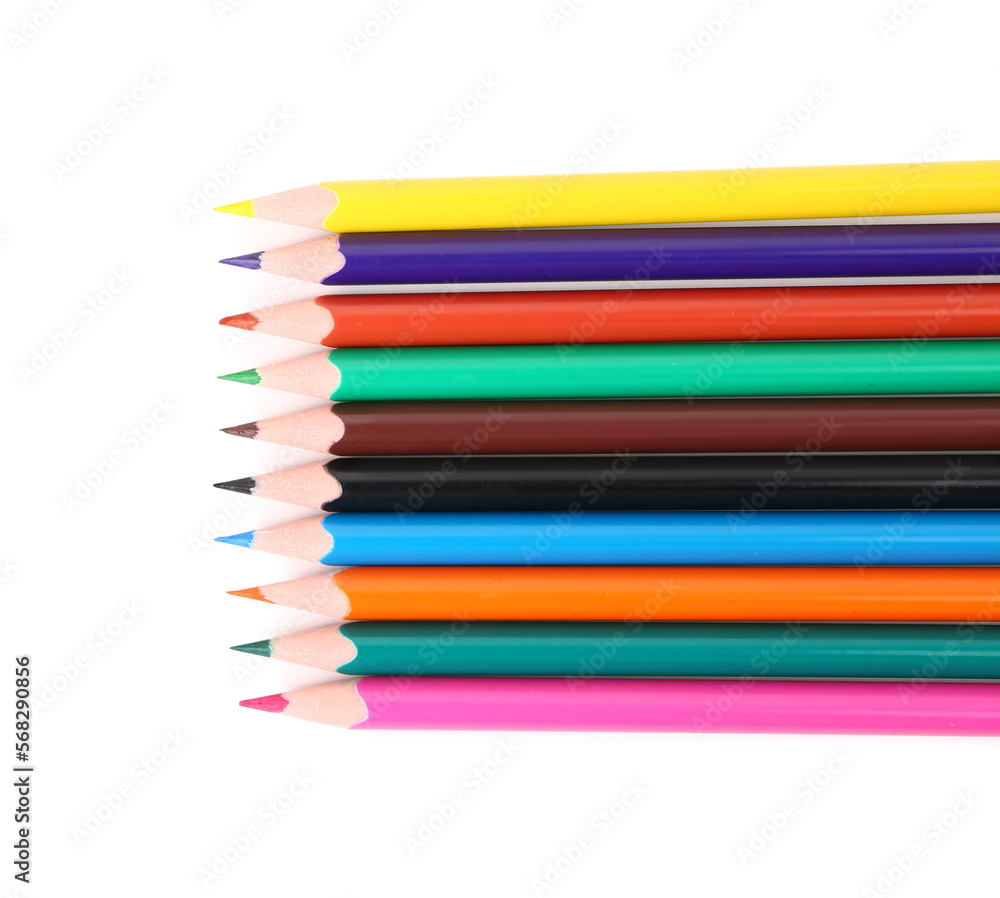 Set of color pencils isolated on white background, closeup