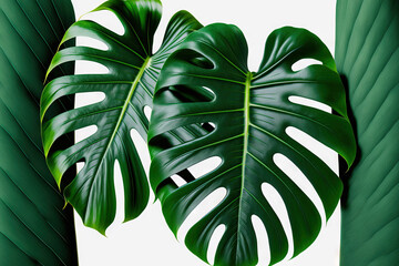 Poster - Monstera or split leaf philodendron (Monstera deliciosa) dark green leaves growing in the wild, isolated on white background with clipping path. Generative AI