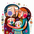 A couple and two children hugging, generative ai illustration in naive art style on a white background