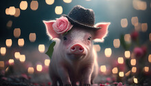 Romantic Enamored Pig With Roses On Valentines Day, Digital Illustration