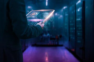 Engineer programmer futuristic in server database network information room,diagnostics and maintenance system,data center server checking hardware and software,with artificial intelligence or AI