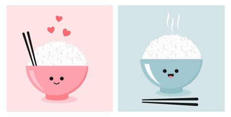 Poster - Rice bowls with chopsticks and red hearts on pink and blue background vector illustration. Cute cartoons food.