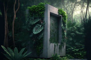 Sticker - A concrete podium with a living wall is located in a tropical forest. Generative AI