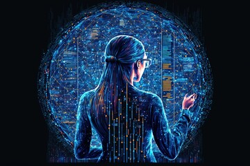Big data technology and data science. Data scientist querying, analysing and visualizing complex data set on virtual screen. Data flow concept. Business analytics, finance, neural network, AI, ML