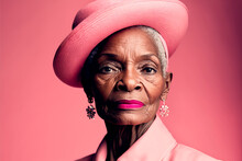 An Older Black Woman With Pink Makeup A Pink Shirt And A Pink Hat - Generative AI