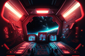 Wall Mural - interior of a dark spaceship with blazing red and blue lights. futuristic spacecraft with a huge win